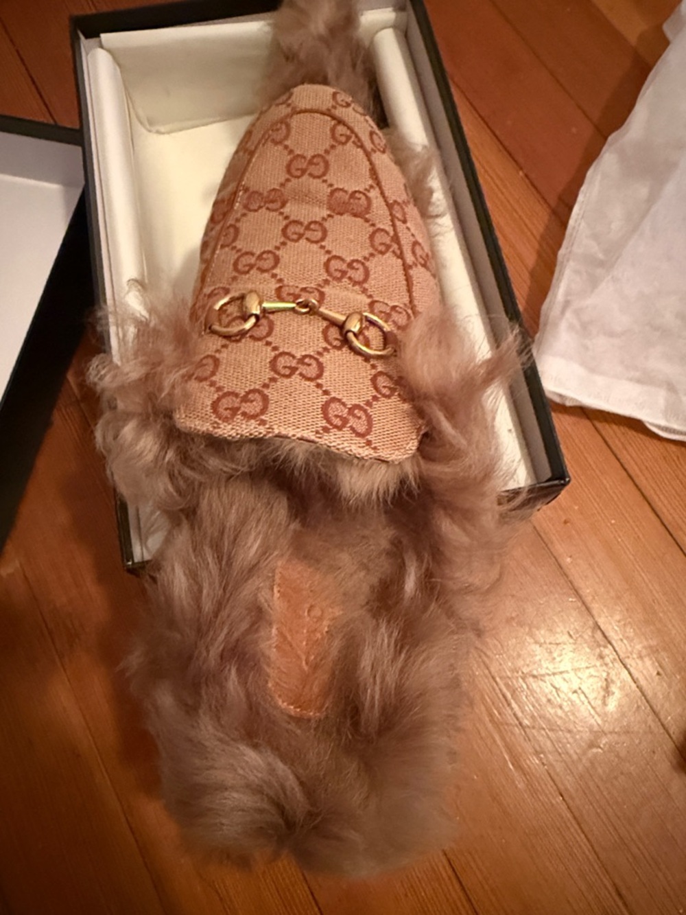 Gucci Beige Monogram Fur-Lined Princetown Mule with Gold Horsebit - Picture 3 of 3